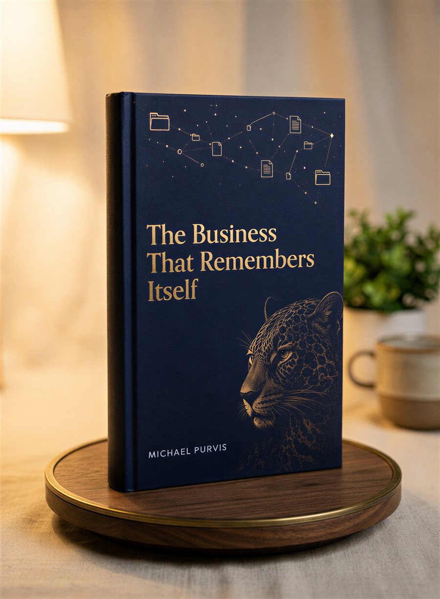 The Business That Remembers Itself — hardcover on a walnut display stand