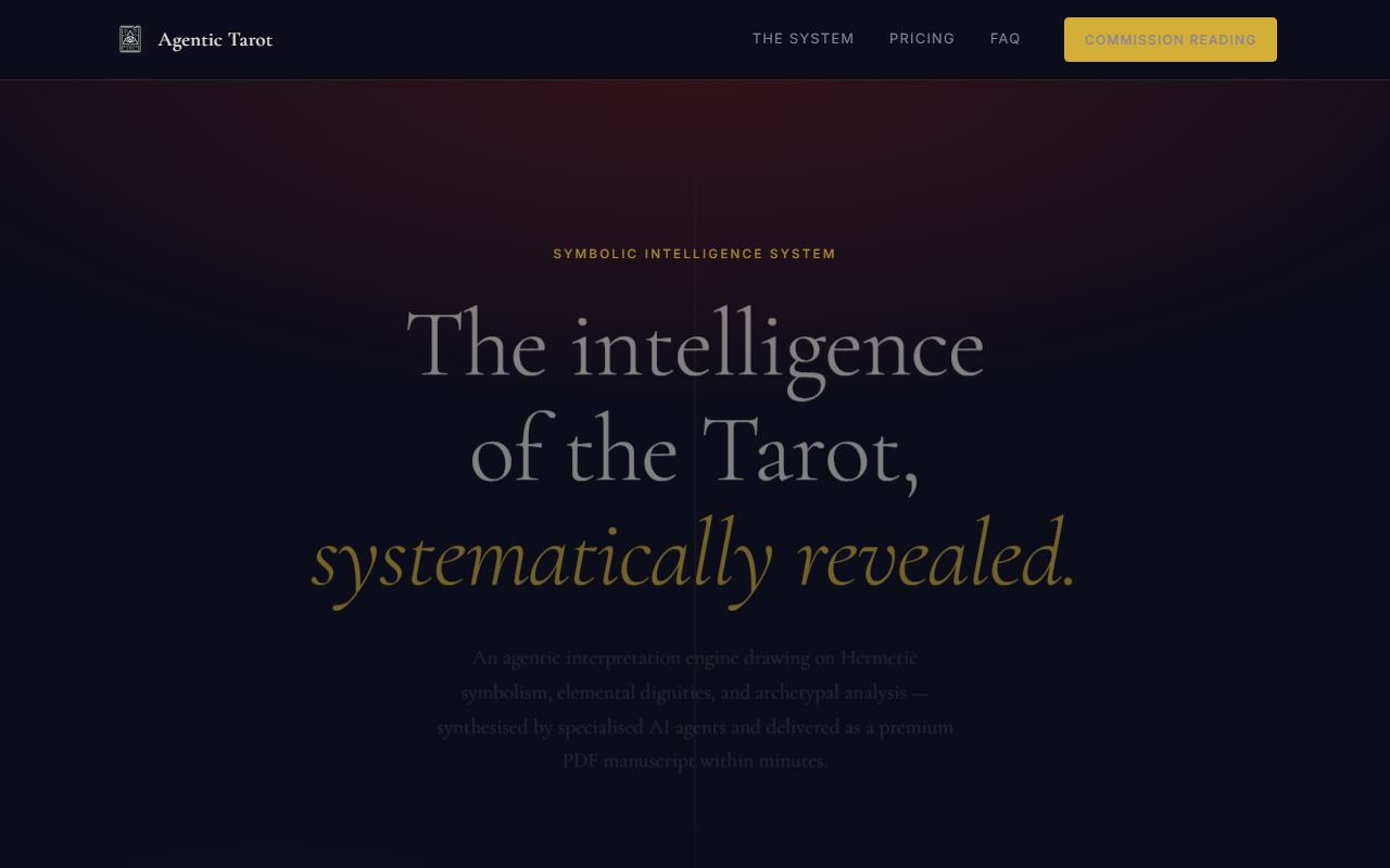 Homepage of Agentic Tarot — dark mystical design for an online store selling personalized AI-generated tarot readings