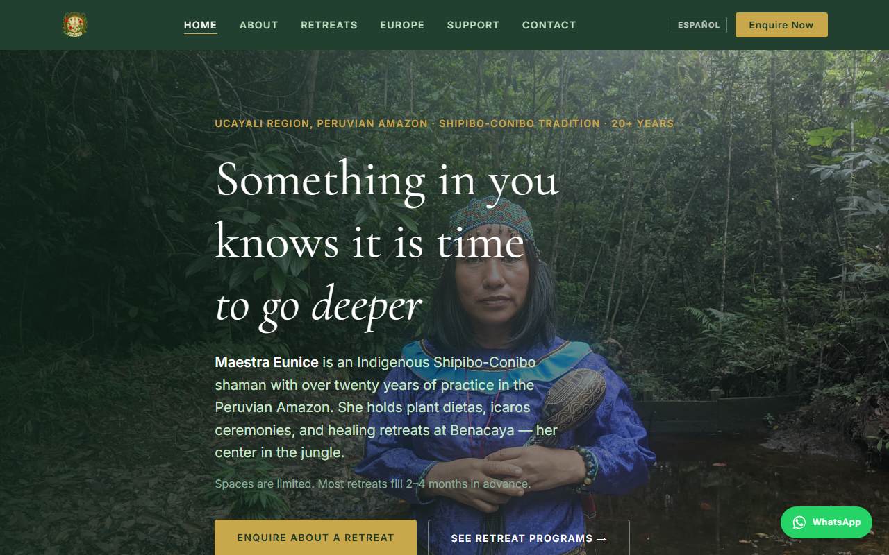 Homepage of the Benacaya retreat center website