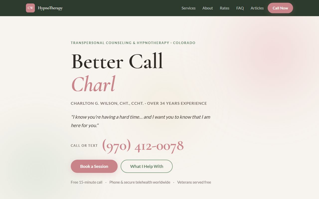 Homepage of the Charlton Wilson Hypnotherapy website
